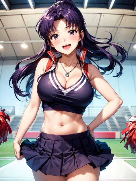 Masterpiece ,best quality , high resolution , ultra detail , colorful , soft light , mild light , sunlight , shinny , (perfect fingers , Detailed fingers, perfect hands) , (1 girl solo:1.38) , (Misato katsuragi) , (black eyes, ponytail , purple hair, mediu...