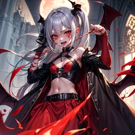 His chest was covered in blood、Anime girl with blood dripping from her chest, gapmoe Yandere grimdark, Devil anime girl, Shatia Bradfren, Bad guy anime 8k, Yandere intricate, portrait gapmoe Yandere grimdark, Vampire Girl, bloody + Concept Art, Yandere, An...