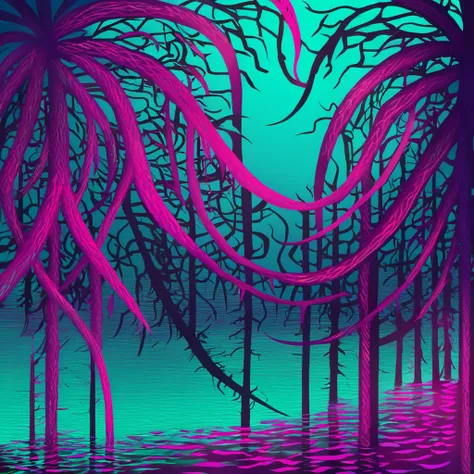 Plesiel with vivid-blue sea-green purple and fuchsia color palette with background in nightmare fuel art style