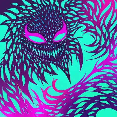 Plesiel with vivid-blue sea-green purple and fuchsia color palette with background in nightmare fuel art style