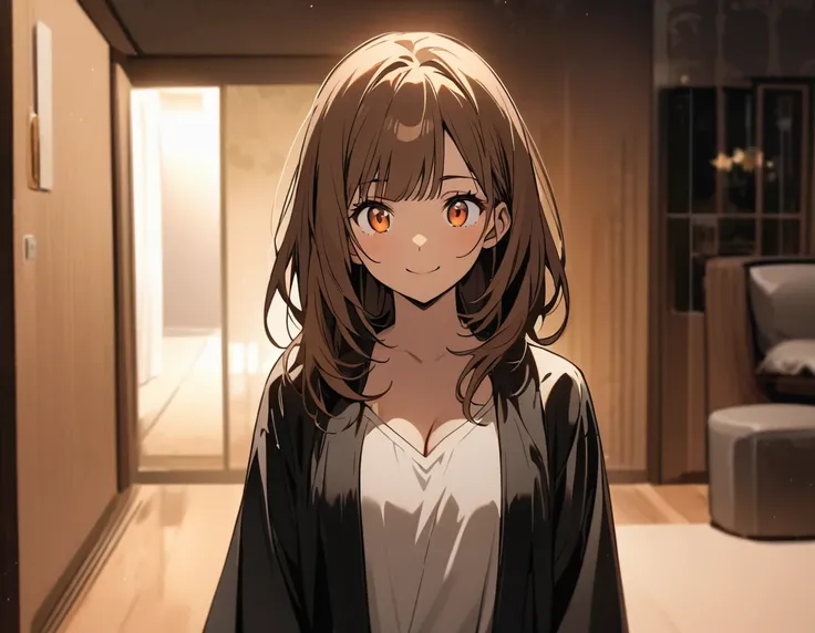 Upper Body, (A 25-year-old woman with medium-length hair and bangs) and (brown hair) and (Orange Eyes) , Wearing a white V-neck top 、Cleavage、smile, The background is the living room、Alone、Are standing