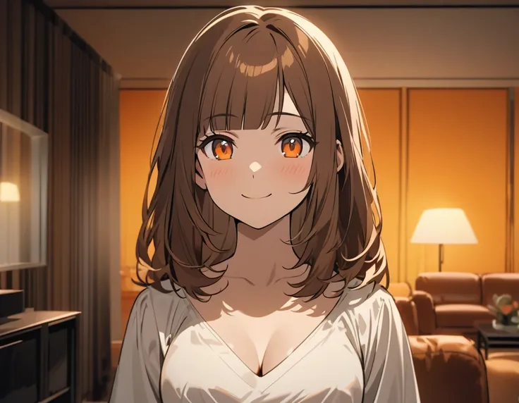 Upper Body, (A 25-year-old woman with medium-length hair and bangs) and (brown hair) and (Orange Eyes) , Wearing a white V-neck top 、Cleavage、smile, The background is the living room、Alone、Are standing