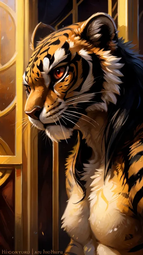 closeup, anthro furry tigress warrior, muscular and charismatic and intimidating, long black hair, red eyes, (naked), topless, golden palace interior background, (by hioshiru and kenket and Ruan Jia and Bayard Wu)