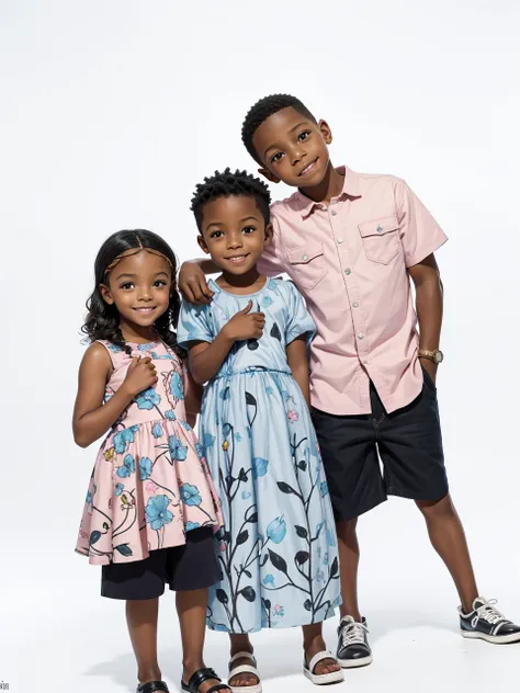 8 yr old african american boy, 6 yr old black african american girl, and 5 yr old african amercan boy, standing posing for an easter photo, toddlers