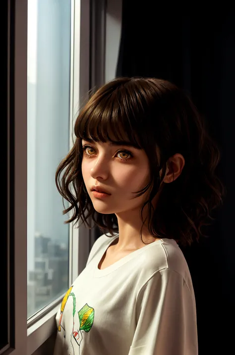 cinematic realistic portrait, front face, of a young girl, adolescent, (Lebanese), fly away, long t-shirt, minimal style, Beautiful woman, ((short wavy hair with bangs)), ((amber eyes)), Pursed lips, night in an apartment, window to the city, neon lights