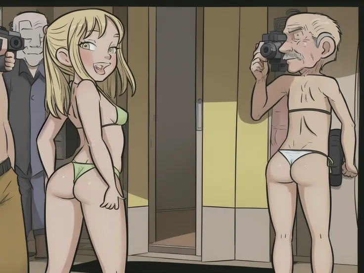 1girl, sexy 11yearold blonde slut is wearing a micro bikini and is standing next to a creepy old man who is taking photographs of her ass with his camera. 1 old man in frame. camera. filming.