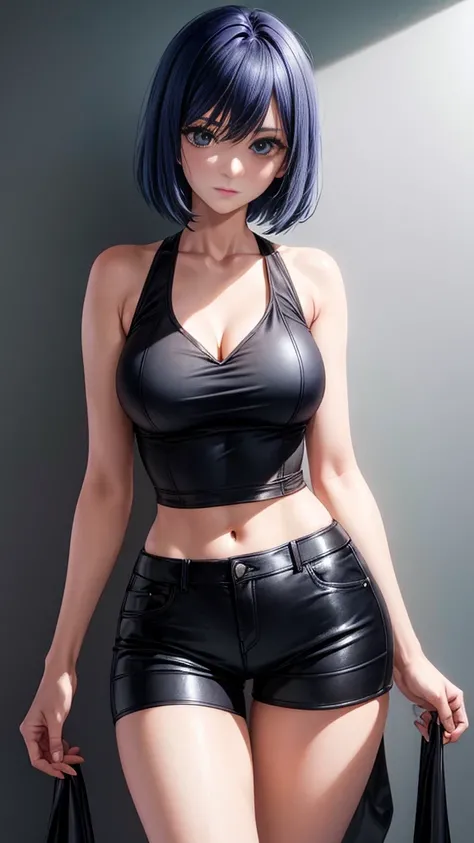 woman, 26 years old, short hair, proportional hands, akane kurokawa anime eyes, perfect body, sensual cleavage, medium breasts, dark blue sleeveless blouse, wearing black micro shorts, sexy shorts, vinyl shorts, Ultra HD, 4k image, image of best quality, (...