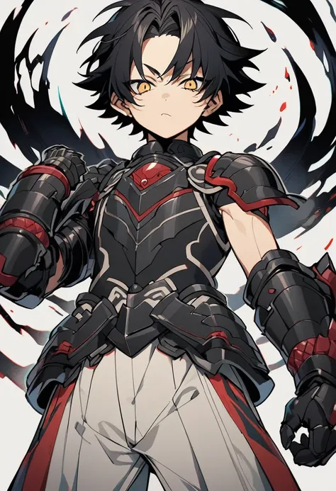 14 year old male with shoulder length black hair wearing dark armor with grayish highlights Shingo Araki style