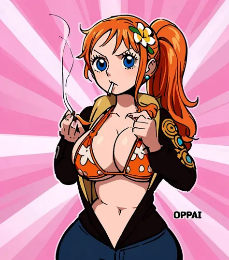 a cartoon picture of a woman in a bikini top and jeans, nami one piece, nami from one piece, nami, beautiful portrait of nami, from one piece, oppai, blue eyes, smoking, ponytail