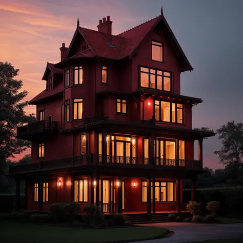 A beautiful calm horror & elegant house, in the night make red sky and red light blend, not building just a sinple house