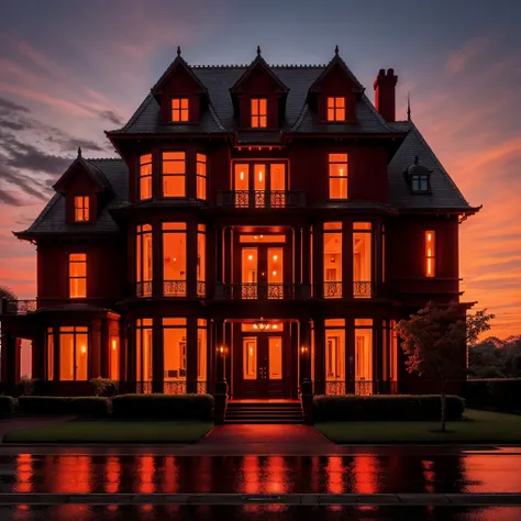 A beautiful calm horror & elegant house, in the night make red sky and red light blend, not building just a sinple house