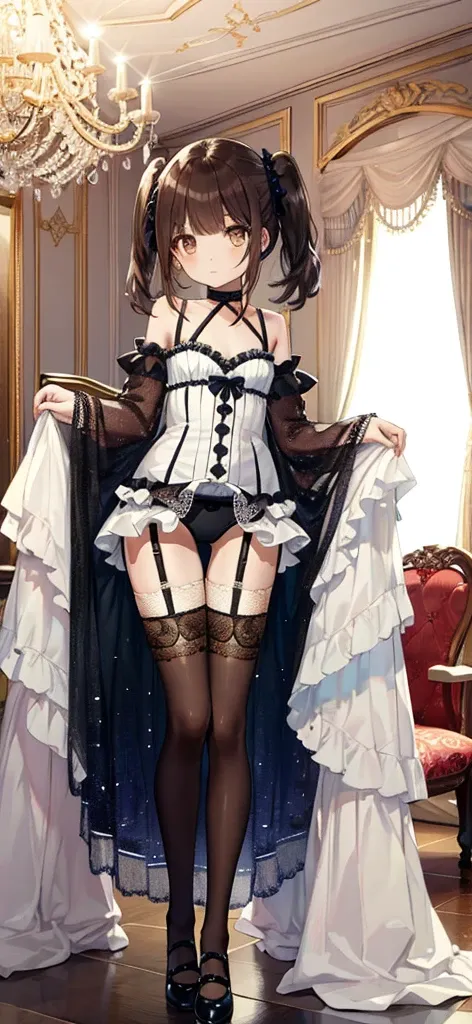 ((masterpiece)), ((best quality)), ((ultra detailed)), ((kawaii)), cute, (lovely), ((extremely detailed)), ((8K)), (beautiful), full body, luxury room, a cute girl, 1girl, solo, blue mini camisole dress,beautiful darkbrown hair, ((detailed beautiful brown ...