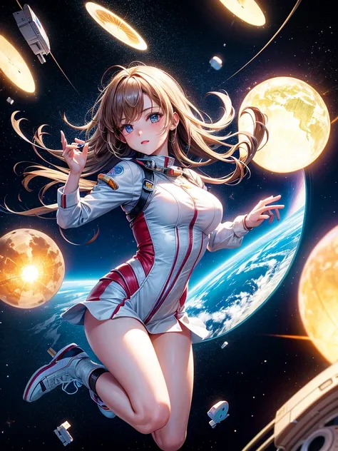 Highest quality,Highest Resolution,A beautiful android girl flying in space,Earth in the background,Get on the machine,