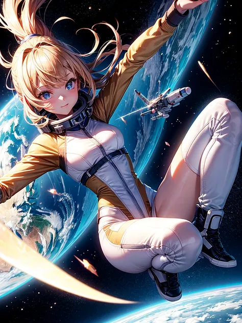 Highest quality,Highest Resolution,A beautiful android girl flying in space,Earth in the background,Get on the machine,