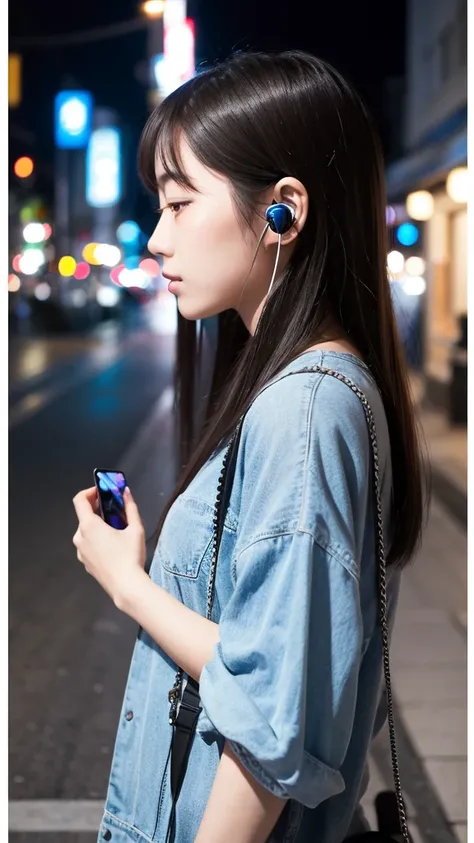 Night city stone pavement Japanese girl in her 20s listening to music with earphones Sad profile