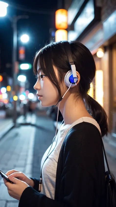 Night city stone pavement Japanese girl in her 20s listening to music with earphones Sad profile