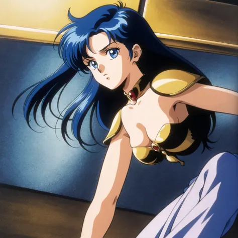 Yuuko Asou, blue eyes, blue hair, complete body , gold armor, movie scene, dark fantasy, wallpaper. Anime 80s style 