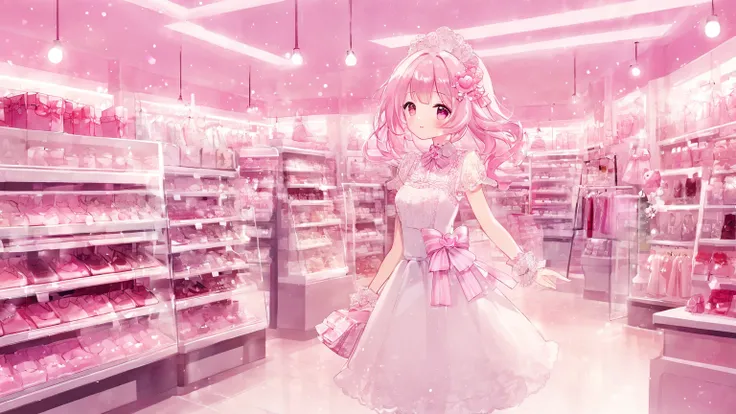 kawaii, no humans, a mannequin store display of a beautiful feminine coquette pink and white lace dress, glitter