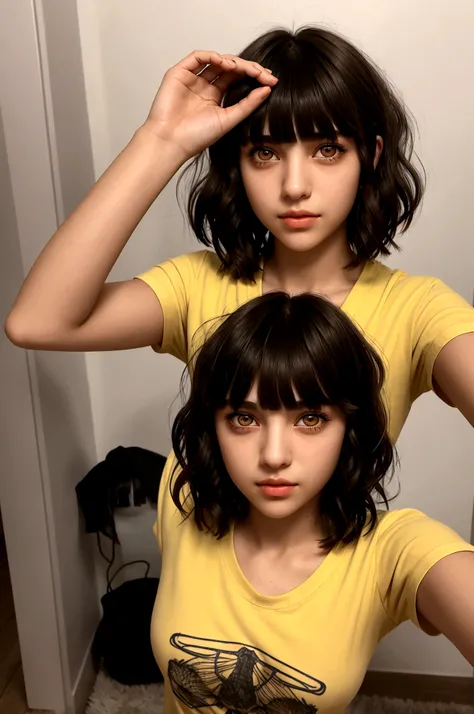 true-to-life portrayal, front front camera, of a young girl, adolescent, (Lebanese), fly away, t-shirt larga, minimal style, Beautiful woman, ((short wavy hair with bangs)), ((amber eyes)), Selfie, night in an apartment