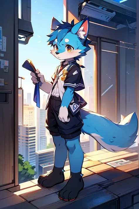 Blue fur, Canine, fox motif, boy, uniform,expensive，one person，Stand up on your own feet，Expensive，Cityscape，thin tail，