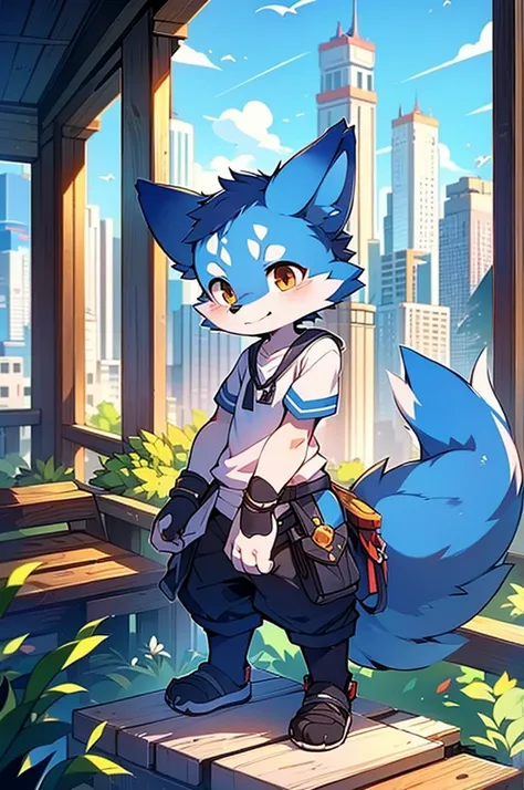 Blue fur, Canine, fox motif, boy, uniform,expensive，one person，Stand up on your own feet，Expensive，Cityscape，thin tail，