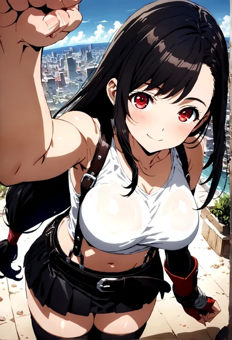 score_9, score_8_up, score_7_up,4k, ,BREAK , from above,from front,breast angle view,breast focus:1.5,standing,straight-on,(arm up,fist),(pantiesshot),(medium shot),looking_at_viewer ,1girl, tifa lockhart, final fantasy, tareme,black hair, low-tied long ha...