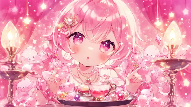 kawaii, no humans, a pearl necklace, a small lit candle, and a lipstick all on a trinket tray, coquette, pink tones, glitter