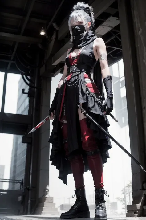 (Absurd, High resolution, Super detailed), masterpiece, Highest quality, 1 person, Bright red outfit, has two swords, Gray Hair, Sleeveless shirt, Black mask and scarf, tattoo, From below, Girls Shots,1 personの女の子, Standing pose, whole body, compensate, ma...