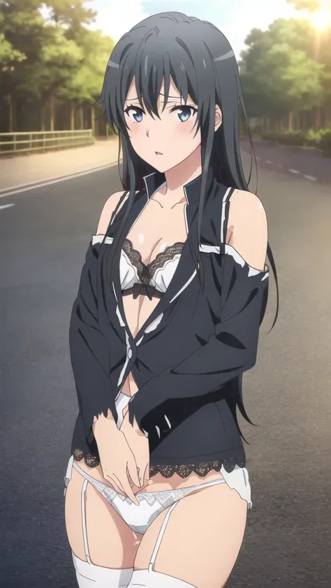 {yukinoshita_yukino_yahariorenoseishunlovecomewamachigatteiru:1.15},black hair, blue_eyes, , 1 girl,,alone, hair between eyes,(torn clothes, show off white lace panties,check mini skirt:1.5),, bare shoulders,, cleavage,thighhighs,long hair, ((orgasm:1.5)) ...