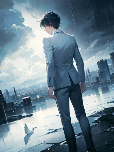 Mist，White Dove，night，rain，Sky，Dynamic composition，Ultra Dynamic Angle，Man in suit，Back，sad，pain，Black short hair