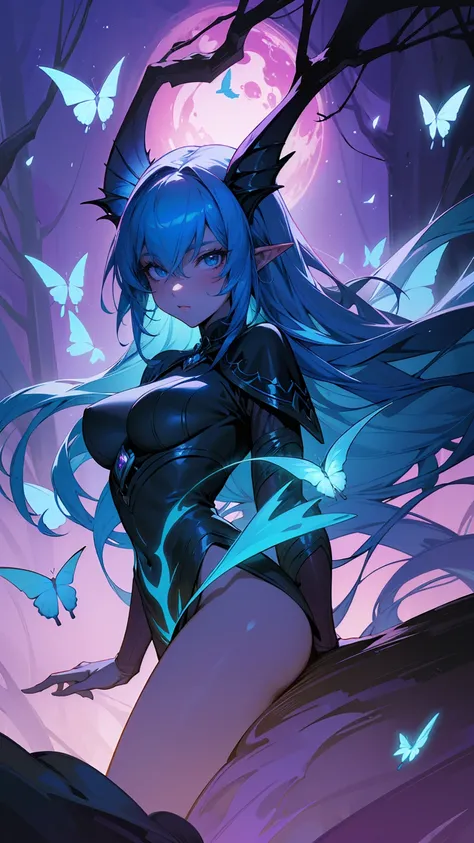 Create a fantasy-themed illustration of a female demon or dark elf character with striking, deep blue skin and long, flowing blue hair. Her eyes glow with an intense, otherworldly pink light, and she has long, pointed ears that enhance her mystical appeara...