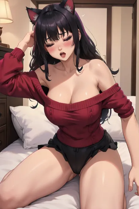 Sexy woman junkotvv with cat ears, Closed eyes, Open mouth, very deep blush, The tip of the nose is red, long neck, Off Shoulder Pink Sweater, medium chest, visible cleavage, bedroom, warm lighting ,in bed