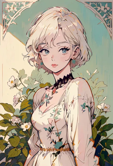 Marilyn Monroe, Anime Style, Short Hair, Platinum Blonde, She is wearing a beautiful embroidered silk dress., Gentle expression, Elegant, Ultra-detailed botanical references, Line Designer, Digital Illustration, Maximalist Botany, beautifully、Aesthetically...