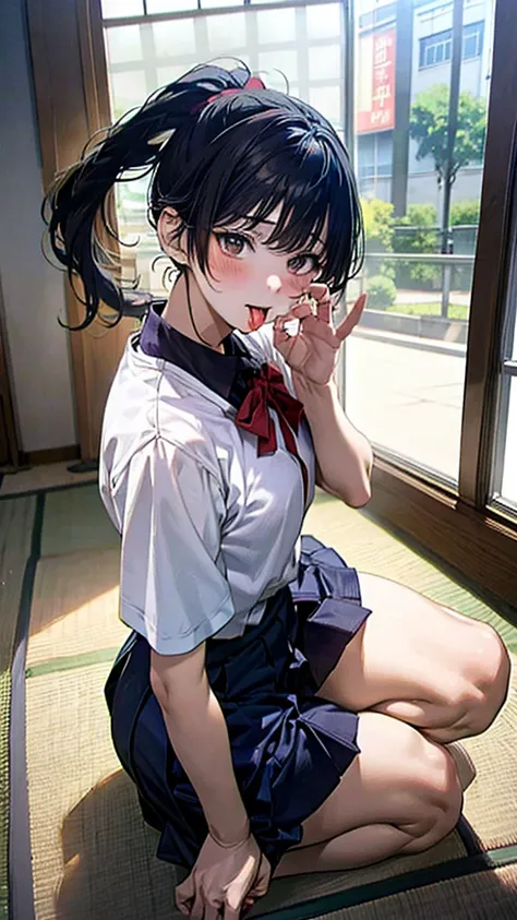 tatami、uniform、Club room、Baseball club、ponytail、orgasm:1.5、Ahegao:1.5、Window Glass、School classroom、Surrounded by men、Side view,Cum on hair,Lower body of man in front of female face、A woman is sitting sideways、On my knees、Kneeling posture、