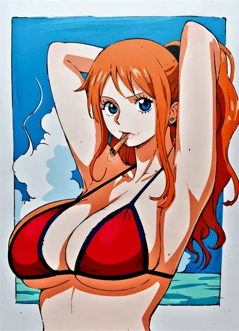 a cartoon picture of a woman in a bikini top and jeans, nami one piece, nami from one piece, nami, beautiful portrait of nami, from one piece, oppai, blue eyes, smoking, ponytail