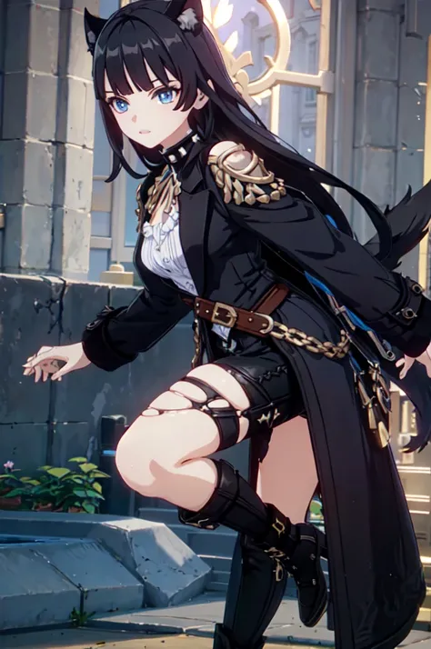 ultra detailed, masterpiece, best quality, solo, 1girl, blue eyes, (tsurime:1.2), blunt bangs, black hair, long hair, straight hair, shoulder-length hair, female focus, coat, shirt, pants, studded belt, multiple belts, combat boots, torn clothes, necklace,...