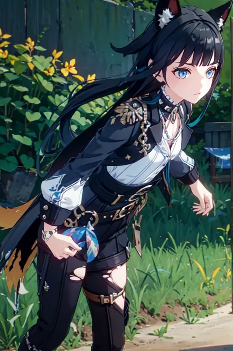 ultra detailed, masterpiece, best quality, solo, 1girl, blue eyes, (tsurime:1.2), blunt bangs, black hair, long hair, straight hair, shoulder-length hair, female focus, coat, shirt, pants, studded belt, multiple belts, combat boots, torn clothes, necklace,...