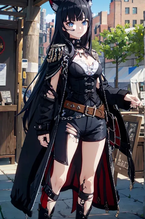 ultra detailed, masterpiece, best quality, solo, 1girl, blue eyes, (tsurime:1.2), blunt bangs, black hair, long hair, straight hair, shoulder-length hair, female focus, coat, shirt, pants, studded belt, multiple belts, combat boots, torn clothes, necklace,...