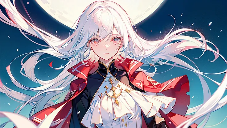 White hair, short and long, beautiful boy, cute, soft tulle dress, androgynous, white left eye, red right eye, love, fleeting, unrequited love, bubbles, solo, pale　White background