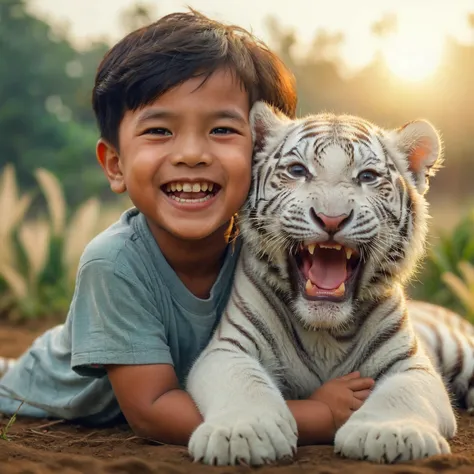 a 5 year old indonesian boy with bald hair who was playing with a white tiger cub in a field, a happy , happy and smiling, beaut...