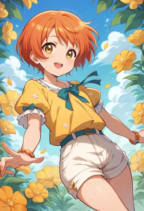 Rin Hoshizora, orange hair, yellow eyes, playful, short sleeves, yellow blouse, flowers printed blouse, shorts white shorts