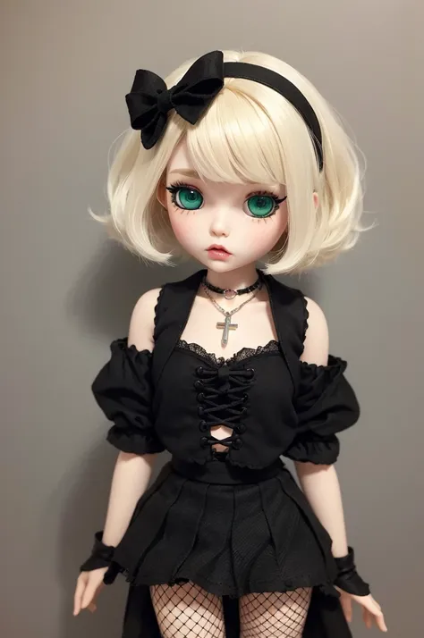 make a blyte doll with extremely short very short hair, almost white blonde, very clear skin, green eyes and gothic style, Shorter hair, wearing a black mini skirt, fishnet stocking, a tight regatta, a cross necklace