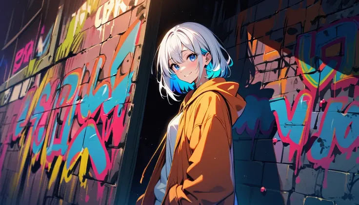 HD 8K Handsome cute, Solitary, 1 female, Medium Length Hair, white hair, Rainbow hair, blue Eyes, Rainbow headphone, hoodie, colored hoodie, denim shorts, Human focus, outdoor, in the night, White clouds, graffiti wall, big smile,