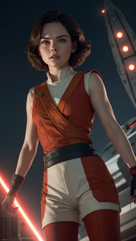 In the new episodes of the 1983 series V: The Original Miniseries, Daisy Ridley with the face of Rey Skywalker wears Commander Dianas red uniform, on top of a building at night, with a large spaceship with many lights, in the shape of an Ovini, behind abov...