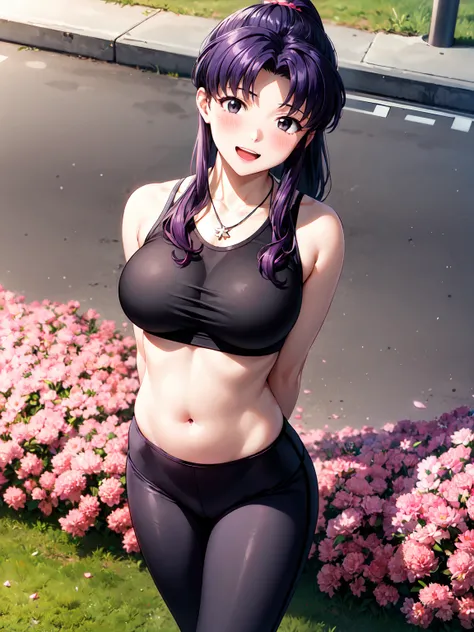 Masterpiece ,best quality , high resolution , ultra detail , colorful , (1 girl solo:1.38) , (Misato katsuragi) , (black eyes, ponytail , purple hair, medium_long_hair, make up, necklace, tall, slim body,) , (wear crop top , navel , belly , yoga legging , ...