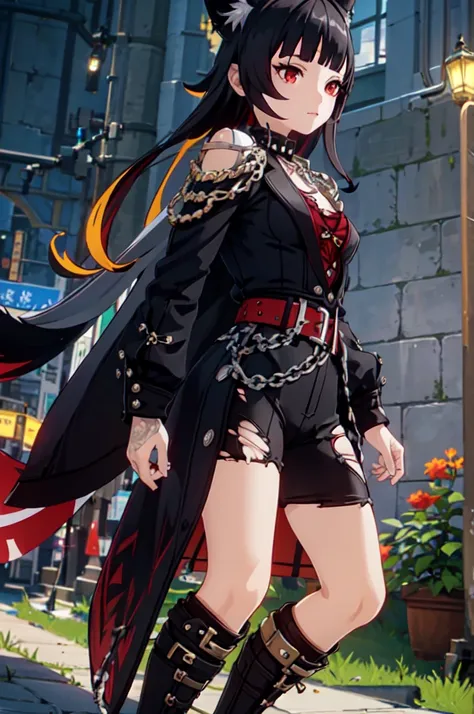 ultra detailed, masterpiece, best quality, solo, 1girl, red eyes, (tsurime:1.2), blunt bangs, black hair, long hair, straight hair, shoulder-length hair, female focus, coat, shirt, pants, studded belt, multiple belts, combat boots, torn clothes, necklace, ...