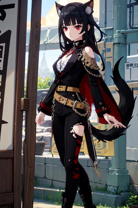 ultra detailed, masterpiece, best quality, solo, 1girl, red eyes, (tsurime:1.2), blunt bangs, black hair, long hair, straight hair, shoulder-length hair, female focus, coat, shirt, pants, studded belt, multiple belts, combat boots, torn clothes, necklace, ...