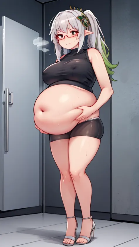 (Full body, glasses, detailed), An image of a pregnant girl with her belly on full display and high heels. She has a smug face. (Shes very sweaty and steamy)