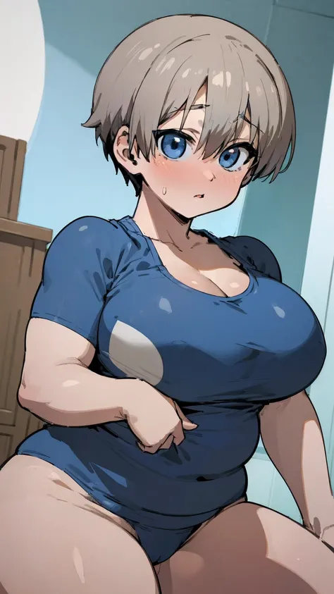 masterpiece, best quality, ultra-detailed, Potrait of beautiful , (chubby) (muscular), (plump), (sexly), (cleavage), ((tomboy)), (アニメ), (Breasts), (Plump), ((very short hair)), ((Uzaki Hana)), (overweight), (Gray Hair), ((Saggy breasts)), (blue eyes), (Sho...