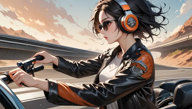 ((8k of extremely detailed CG unit, Masterpiece, high resolution, highest quality, highest quality real texture skin)), (((profile))), (((Japanese pattern leather jacket))), (((Harley-Davidson))), (((Japanese style headphones))), (((sunglasses))), (((The r...